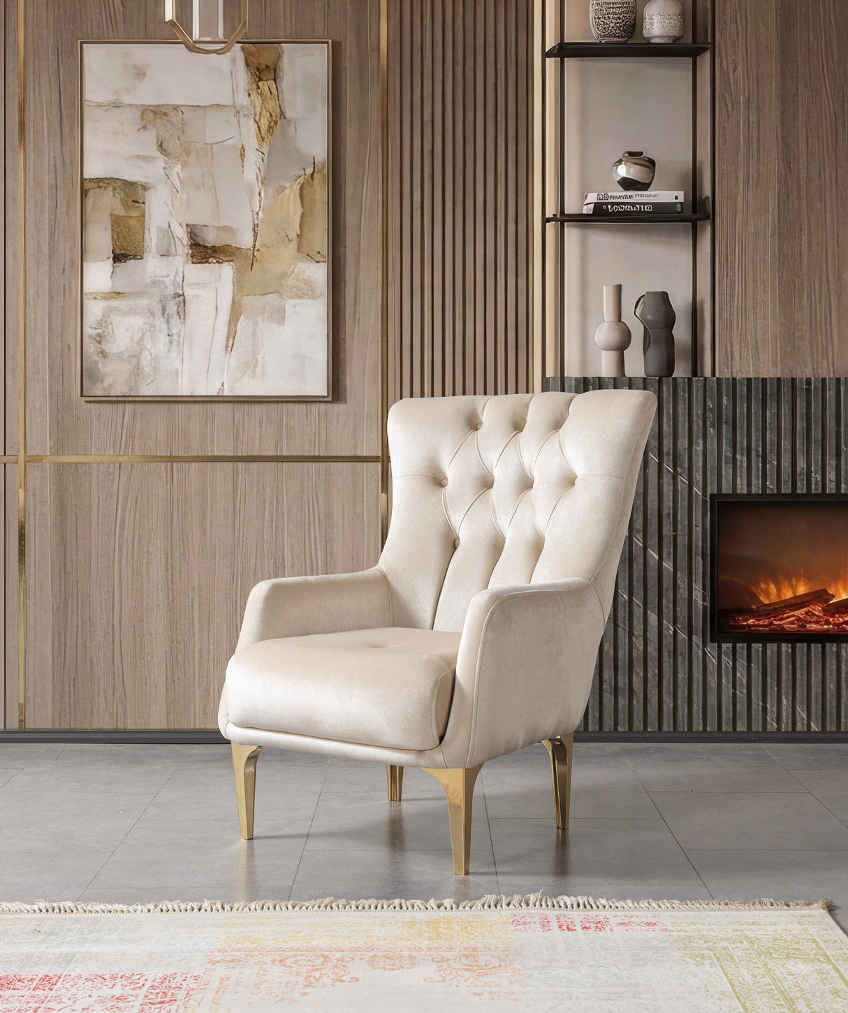 Florence Ivory accent chair, tufted back and gold legs, three-quarter view