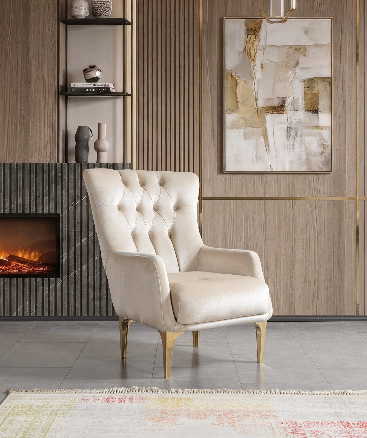 Florence Ivory accent chair, ivory velvet and gold legs, front three-quarter view
