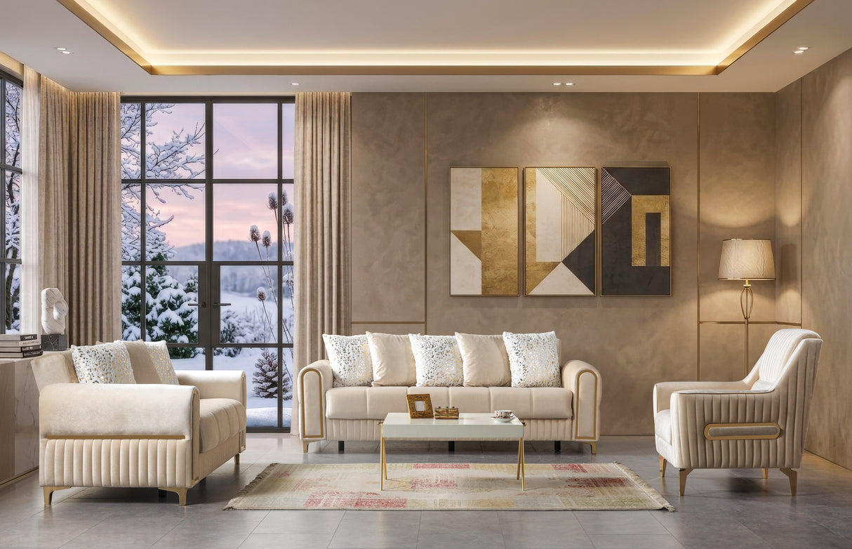 Sandra Ivory Sofa, three-quarter front view with tufted cushions and gold trim
