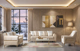 Sandra Ivory Loveseat, cushioned seat and rounded arm in velvet, angled detail