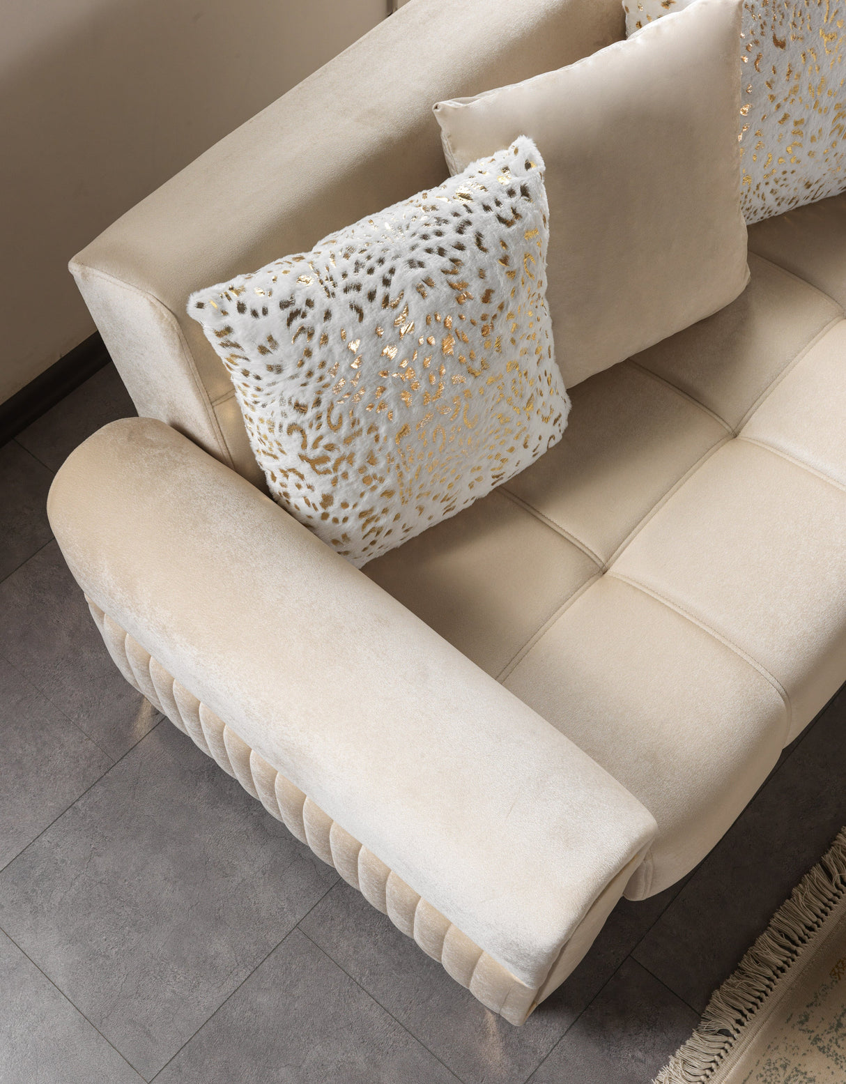 Sandra Ivory Sofa, top view with tufted seat and pillows