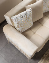 Sandra Ivory Sofa, top view with tufted seat and pillows