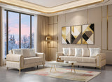 Sandra Ivory Living Room Set, sofa and loveseat with gold trim, luxury three-quarter view