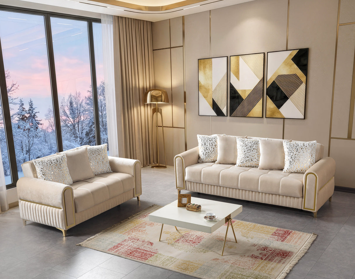 Sandra Ivory Living Room Set, sofa and loveseat with gold accents, wide room view