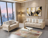 Sandra Ivory Living Room Set, sofa and loveseat with gold accents, wide room view