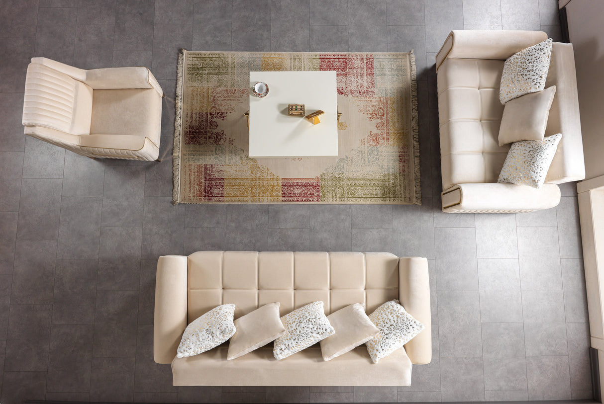 Sandra Ivory Sofa, back view, velvet upholstery and slim gold legs