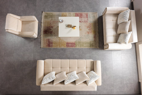 Sandra Ivory Sofa, back view, velvet upholstery and slim gold legs