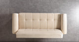 Sandra Ivory Velvet Convertible Sofa, top view without pillows, tufted seat and rolled arms