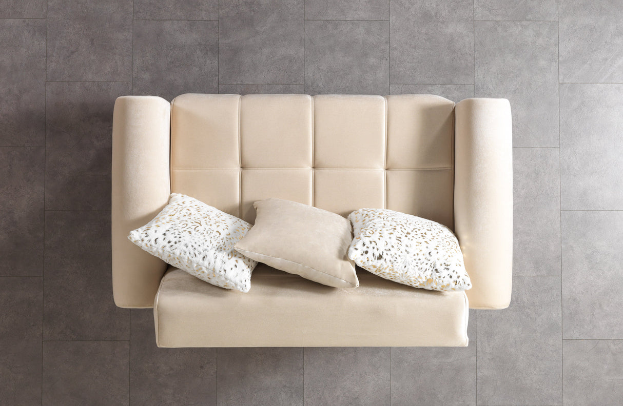 Sandra Ivory Sofa, left arm detail with gold trim and channel base