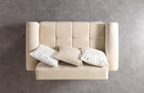 Sandra Ivory Sofa, left arm detail with gold trim and channel base