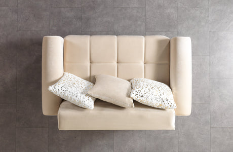 Sandra Ivory Sofa, left arm detail with gold trim and channel base