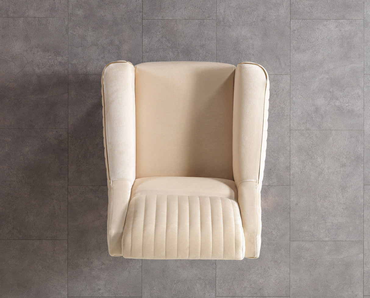Sandra Ivory accent chair, top view, channel-tufted seat and back