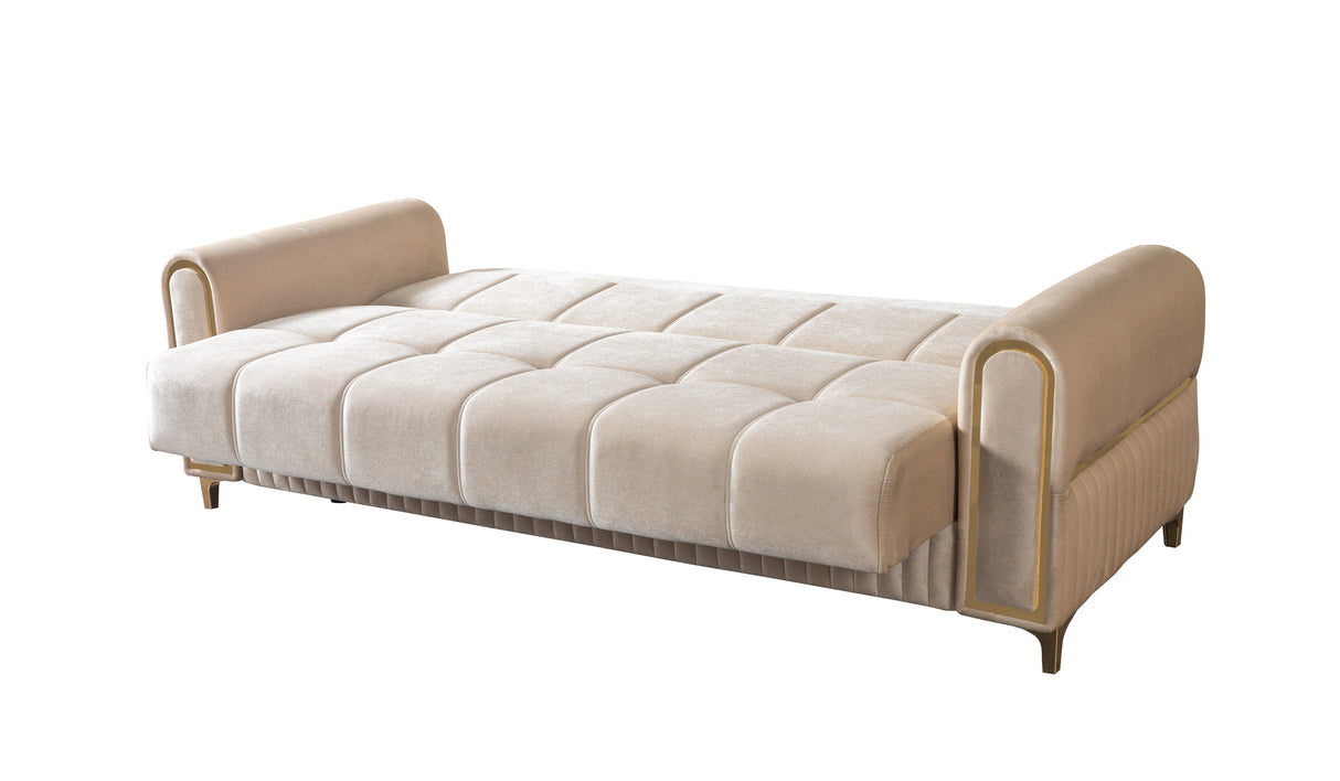 Sandra Ivory Sofa, front view with tufted back and decorative pillows