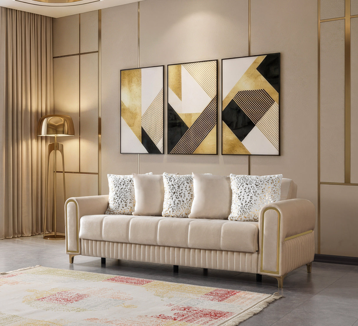 Sandra Ivory Sofa, tufted front and gold-trimmed arms, three-quarter view
