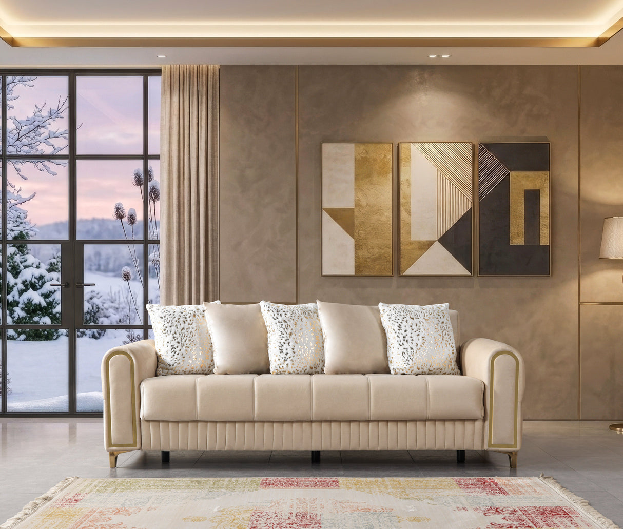 Sandra Ivory Sofa, tufted back and gold trim, front view