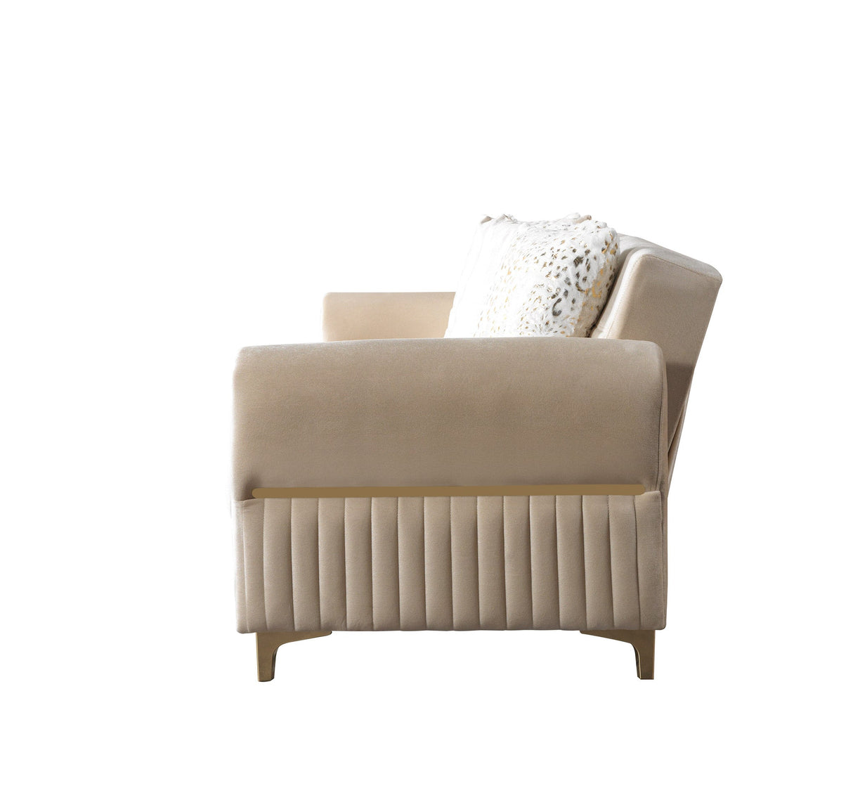 Sandra Ivory Velvet Convertible Sofa, rear view with smooth back panel and gold feet