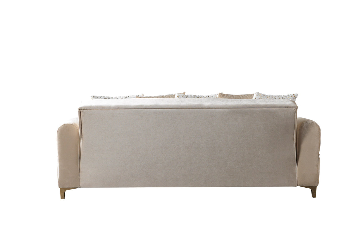 Sandra Ivory Velvet Convertible Sofa, side elevation with vertical pleated base and gold legs