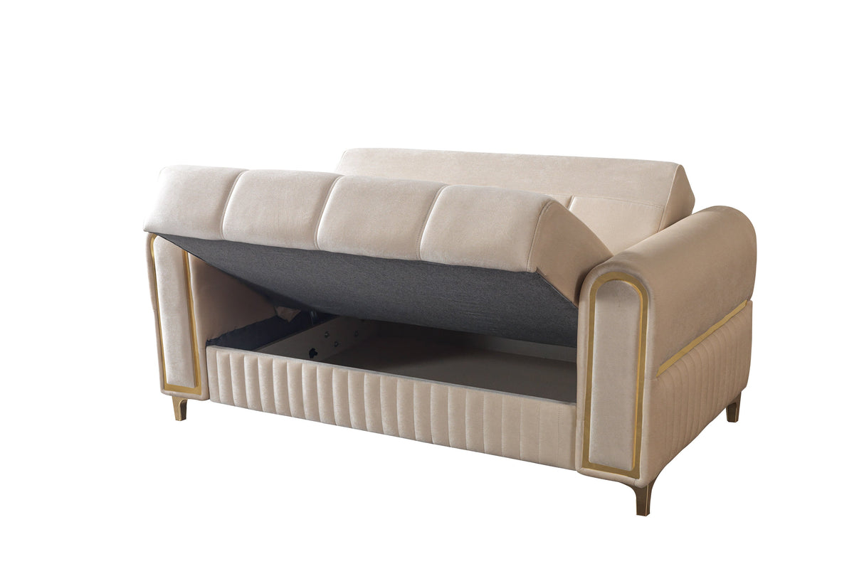 Sandra Ivory Loveseat, storage view with seat lifted, angled three-quarter