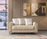 Sandra Ivory Sofa, tufted back and gold trim, front view with pillows