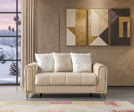 Sandra Ivory Sofa, tufted back and gold trim, front view with pillows