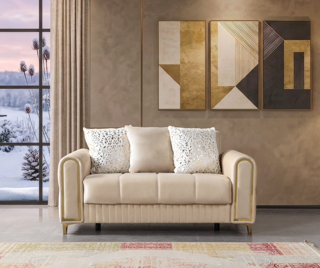 Sandra Ivory Loveseat, velvet upholstery with gold trim and three accent pillows, front view