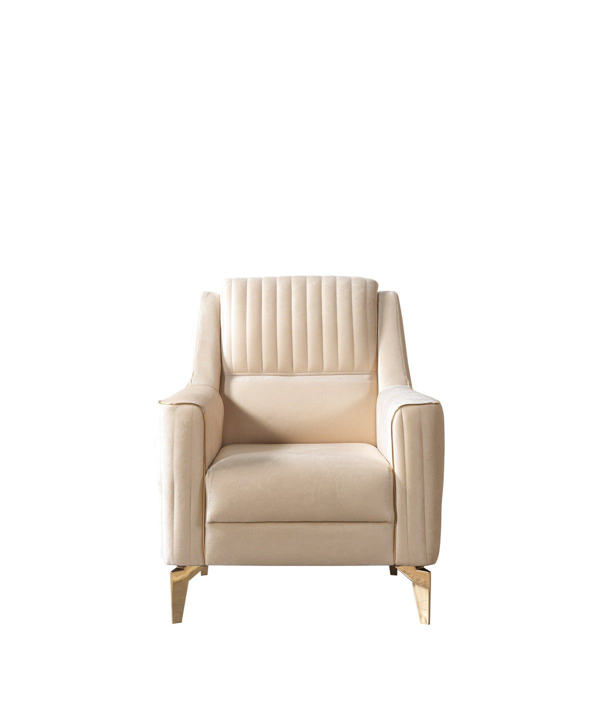 Sandra Ivory accent chair, straight front view, gold-tone legs and channel tufting