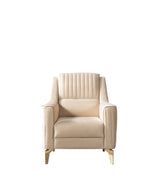 Sandra Ivory accent chair, straight front view, gold-tone legs and channel tufting
