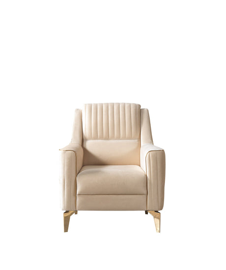 Sandra Ivory accent chair, straight front view, gold-tone legs and channel tufting