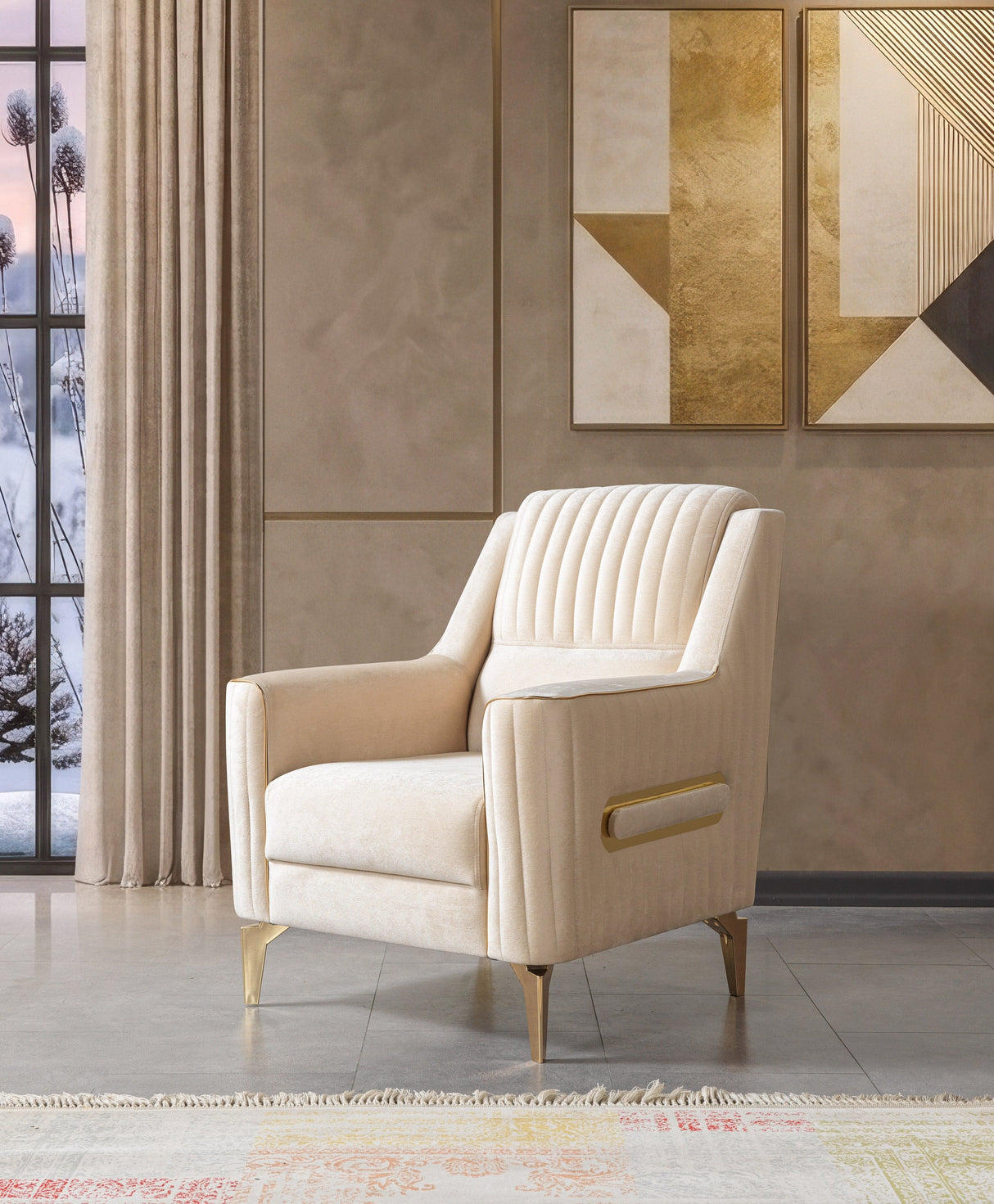 Sandra Ivory accent chair, channel-tufted back, gold-tone legs, three-quarter view