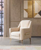 Sandra Ivory accent chair, channel-tufted back, gold-tone legs, three-quarter view