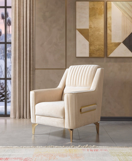 Sandra Ivory accent chair, channel-tufted back, gold-tone legs, three-quarter view