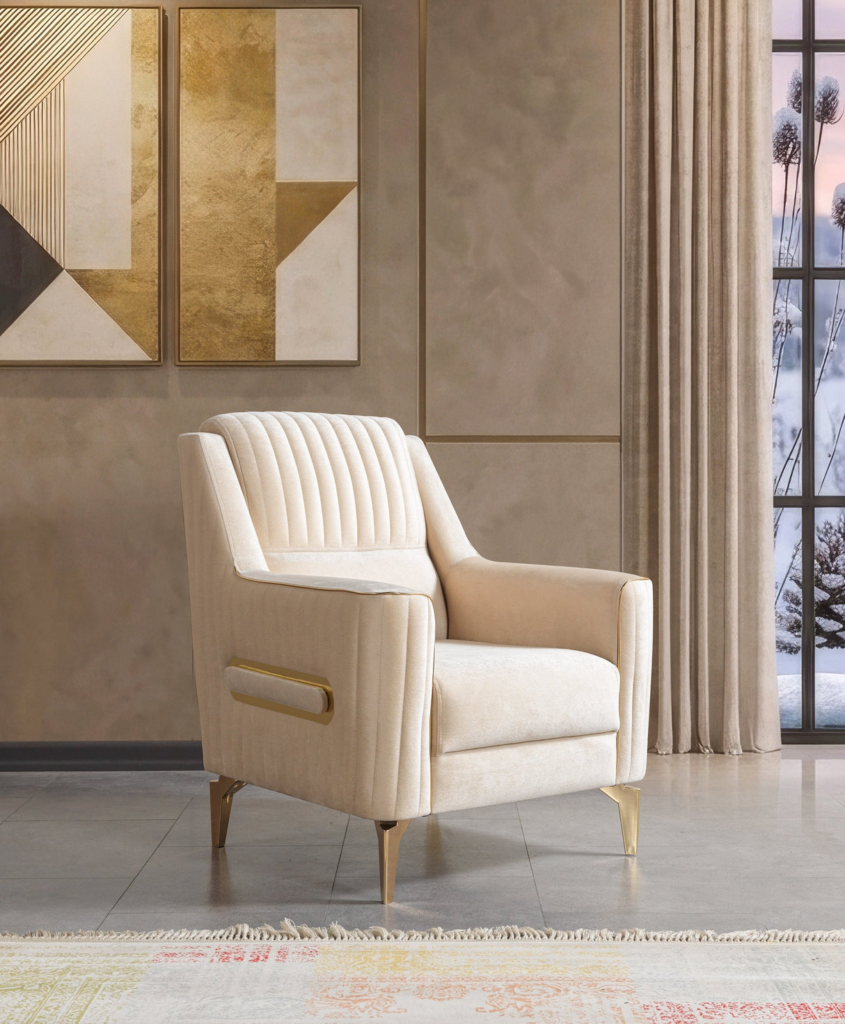 Sandra Ivory accent chair, ivory velvet, gold-tone legs, three-quarter front view