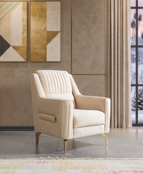 Sandra Ivory accent chair, ivory velvet, gold-tone legs, three-quarter front view