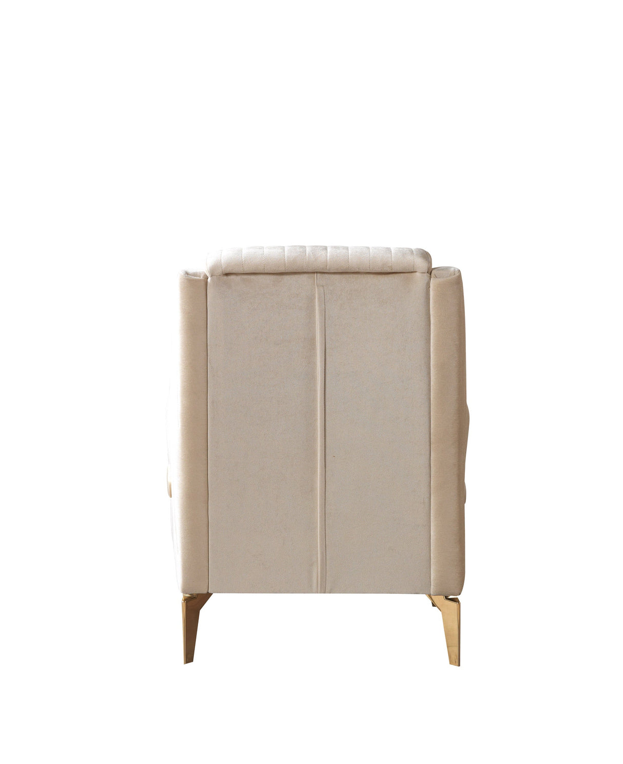 Sandra Ivory accent chair, back view, upholstered rear panel and gold legs