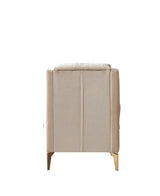Sandra Ivory accent chair, back view, upholstered rear panel and gold legs