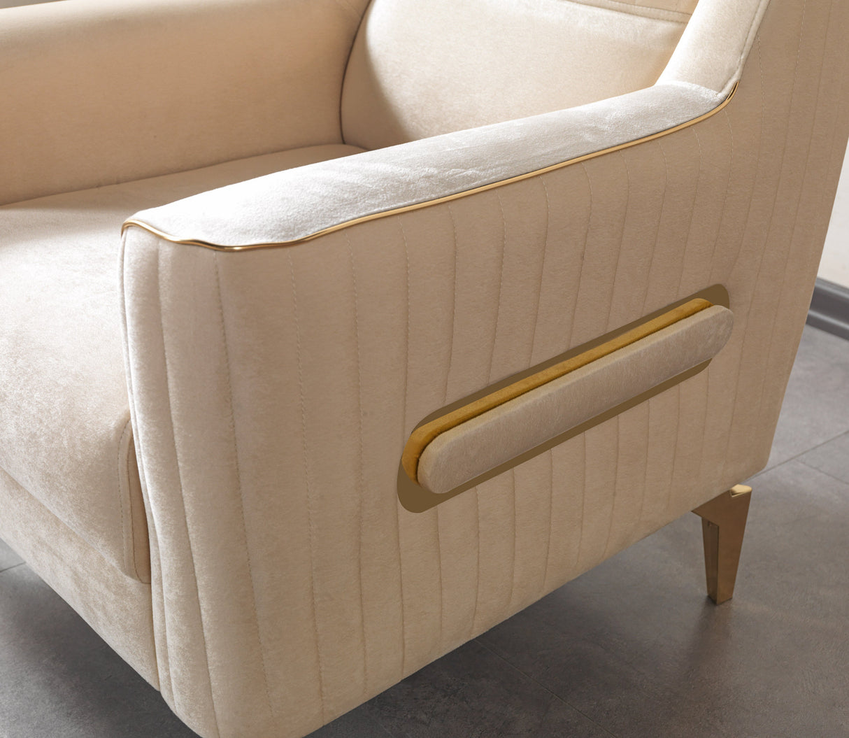 Sandra Ivory accent chair, gold trim arm detail, ivory velvet upholstery close-up
