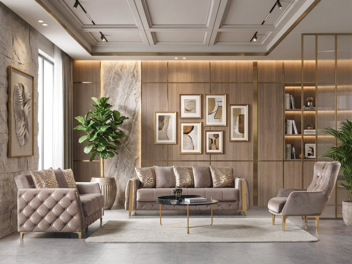 Florence Coffee living room set with sofa and loveseat, coffee velvet and gold accents, wide lifestyle view