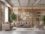 Florence Coffee Velvet Convertible Sofa, full room view with matching chair and chaise-style seating