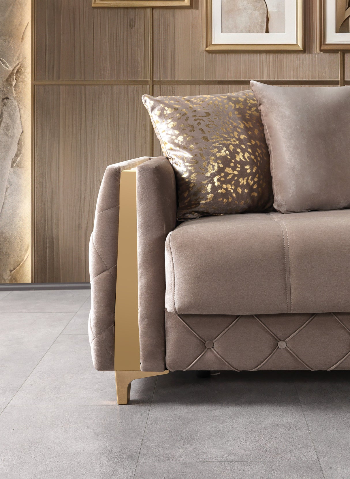 Florence Coffee sofa, coffee velvet and gold trim, three-quarter view