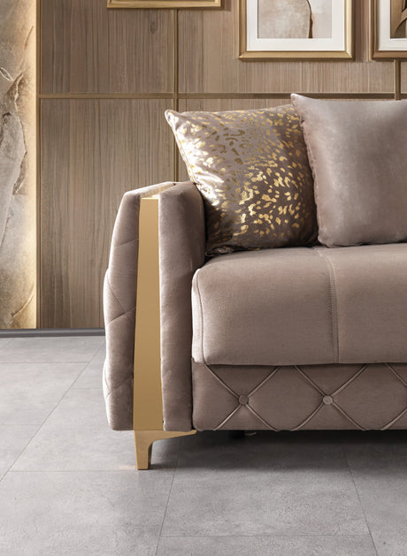 Florence Coffee sofa, coffee velvet and gold trim, three-quarter view