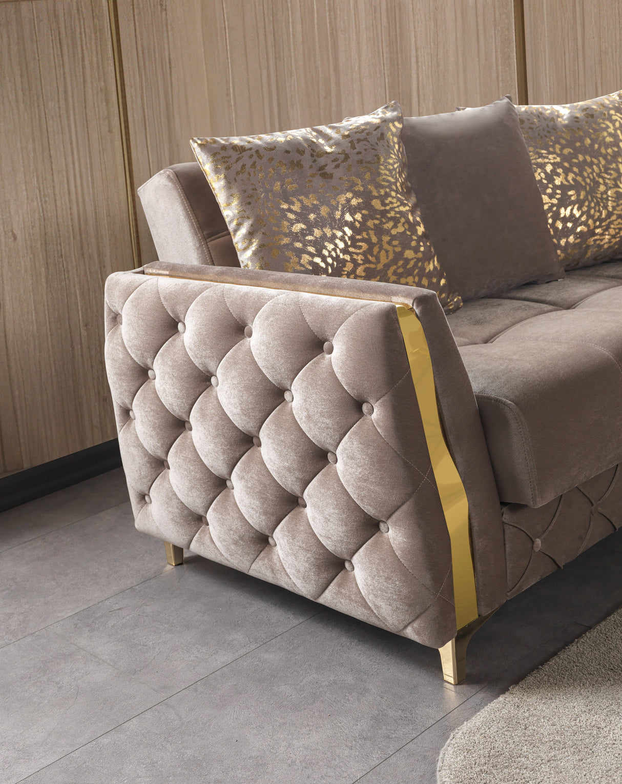 Florence Coffee Velvet Convertible Sofa, tufted side panel and gold trim detail
