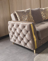 Florence Coffee Velvet Convertible Sofa, tufted side panel and gold trim detail