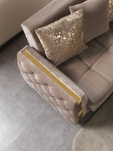 Florence Coffee sofa, tufted side and gold trim detail on coffee velvet