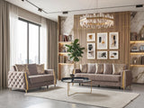 Florence Coffee living room set with sofa and loveseat, coffee velvet and gold trim, front lifestyle view