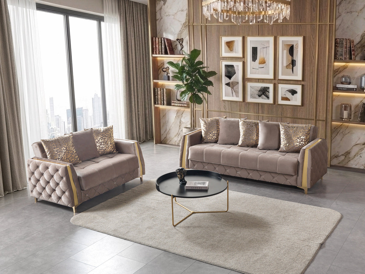 Florence Coffee living room set with sofa and loveseat, coffee velvet, angled lifestyle view