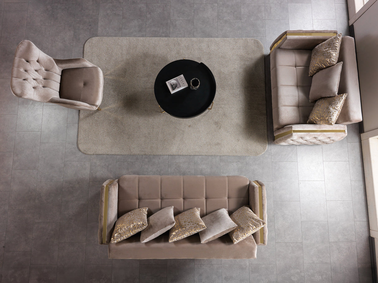 Florence Coffee sofa, side profile with tufted panel and gold trim