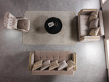 Florence Coffee sofa, side profile with tufted panel and gold trim