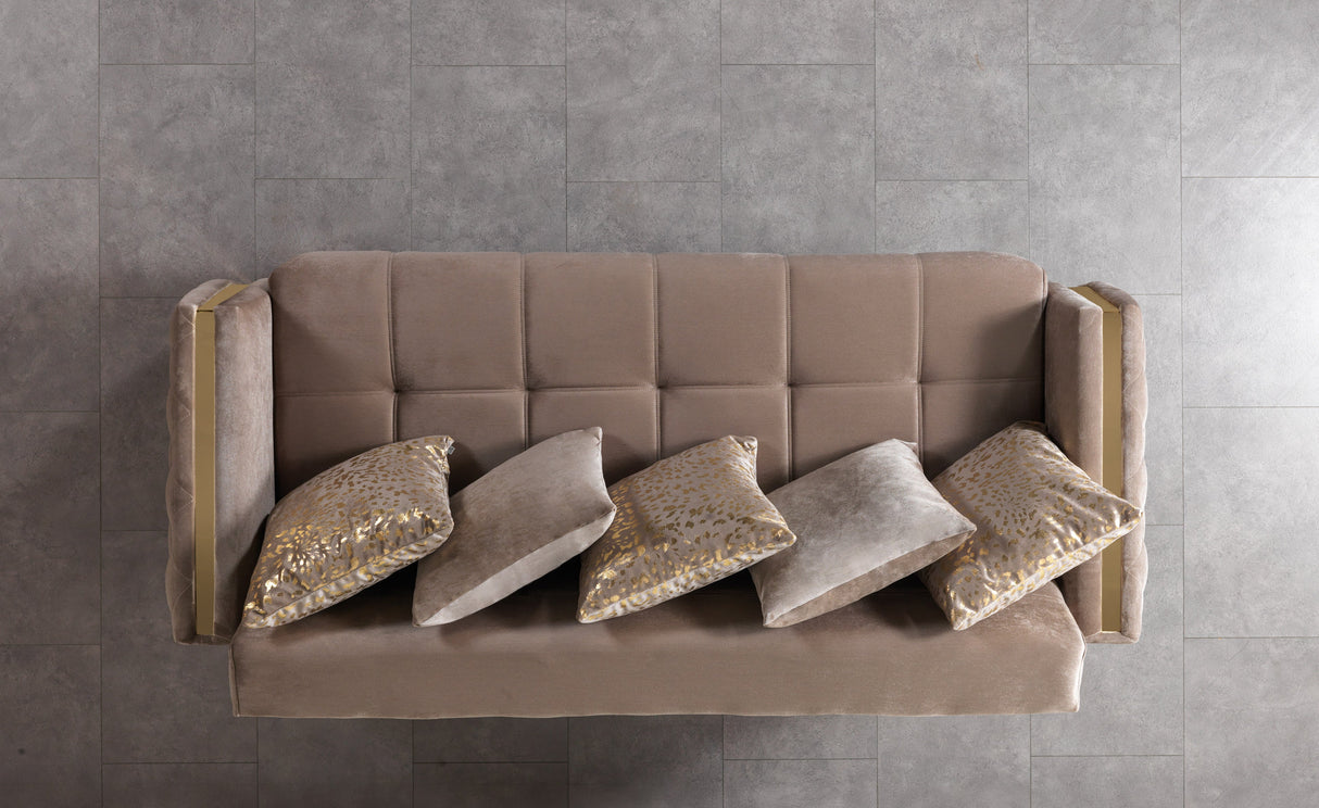 Florence Coffee sofa, tufted side panel and gold leg detail