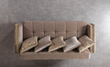 Florence Coffee Velvet Convertible Sofa, top angle showing tufted arm and pillow arrangement