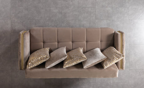 Florence Coffee Velvet Convertible Sofa, top angle showing tufted arm and pillow arrangement